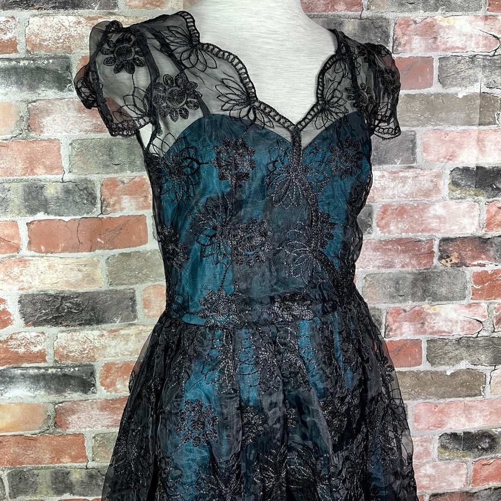 Voodoo Vixen Retro Pin Up 50s May Teal Lace Overlay Taffeta Dress - Picture 4 of 8